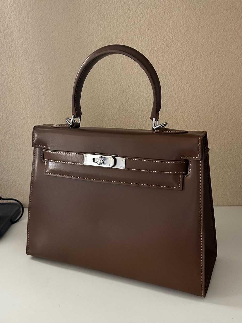 28cm Chocolate Color Box Leather Satchel KL Style